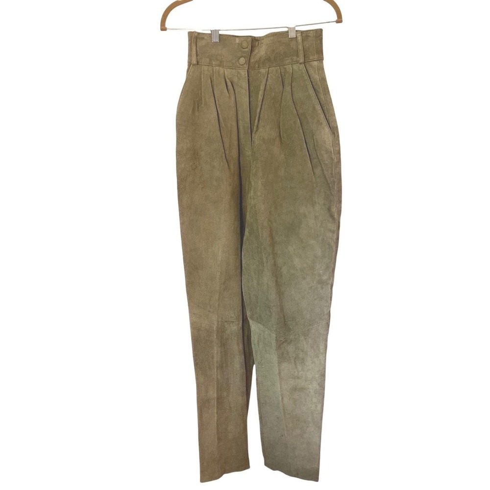 Vintage Suede Pants High Waist Olive Green Pleated‎ Trousers Retro Size XS/S